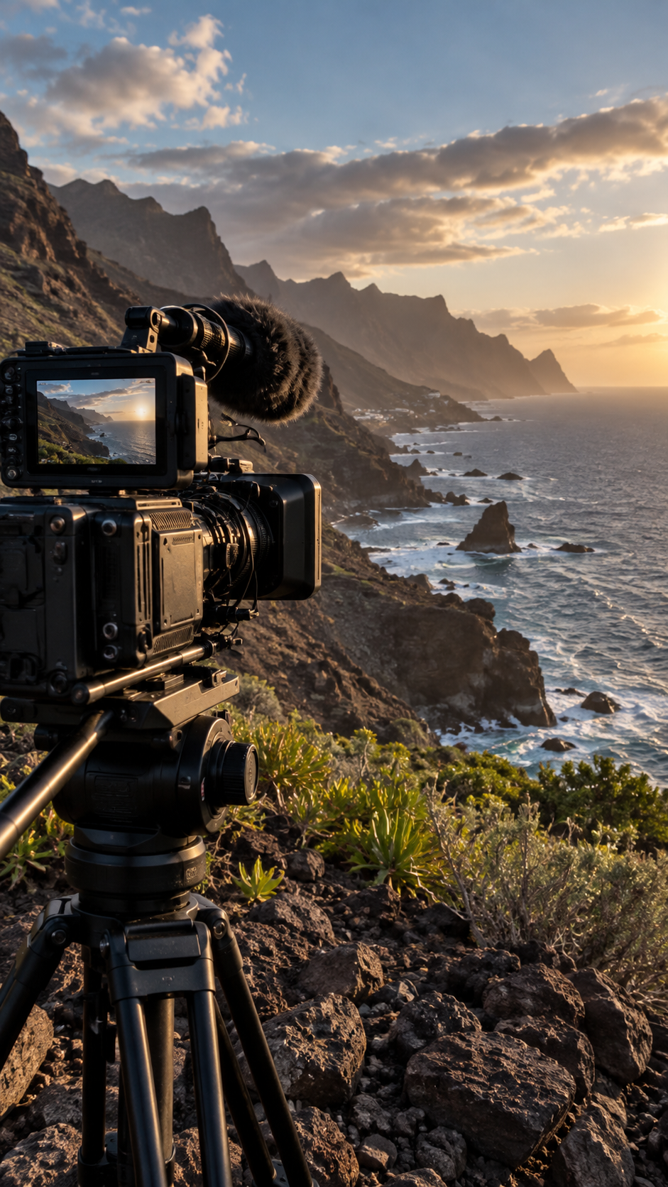 Cámara profesional filmando el paisaje costero de Canarias