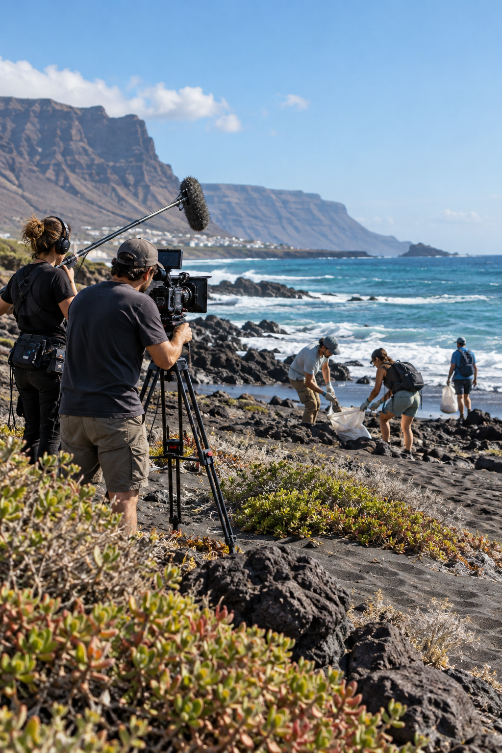 Rodaje de Ecominuto en una playa volcánica de Canarias